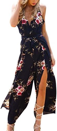 Women's Casual Halter Romper Off Shoulder Floral Backless Jumpsuit Wide Leg Playsuit Rompers by Quistal (S, Navy)