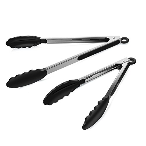 SIMINLIU 2er set Mehrzweckzange Silikon Edelstahl Küchen- und Grillzange (11 zoll + 9 zoll)schwarz