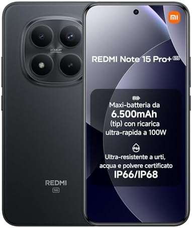XIAOMI Redmi Note 15 Pro+ 5G, Smartphone 12+512GB, Batteria massiccia da 6500 mAh, IP66/IP68, Nuova fotocamera 200 MP, Display AMOLED da 6,83", Nero, Garanzia 2 anni, Caricatore non incluso