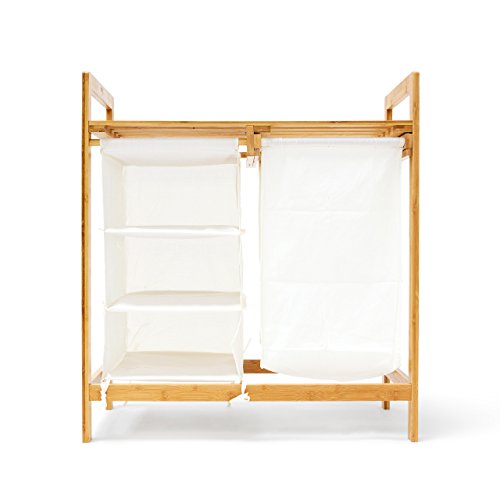 Relaxdays Wäschesammler Linea Bambus HxBxT: ca. 77 x 69,5 x 36 cm Wäschepuff mit 40 Litern Volumen 2 Ablagen und 3 Fächern als Wäschebehälter mit Wäschesack aus weißem Stoff und 2 Griffen, natur - 4