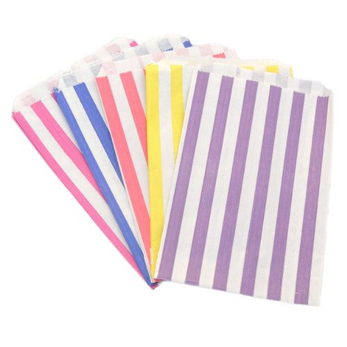 EPOSGEAR 100 Mischfarbe Süßigkeiten Streifen Papier Süßes Geschenk Taschen Tüten 5″ x 7″ (125mm x 175mm) – Blau, Gelb, Lila, Rot und Rosa – Ideal für Geschenkläden, Hochzeitsbevorzugungen, Süßigkeiten Wagen, Buffets usw - 2