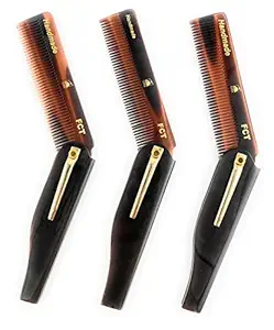 GBS 3 pk FCT - Folding Anti-Static No Snag All Purpose Men or Women Hair and Beard Tortoise Comb- Handmade Sawcut - 100mm Fine Teeth with Pocket Clip Best Travel Comb Professional Choice