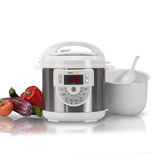 NEWCOOK Olla Programable Newcook Delicious Blanca, Olla a Presión Multifunción Eléctrica con Voz, 15 Funciones, 1000W, Capacidad 6 l, 4 Niveles Presión y Cubeta Cerámica. Incluye Accesorio para Freír