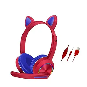 ineix Cute cat Ear Wired Game Headset Earphone for Kids Boys and Girls Cute Headphone with Mic & LED Lights (red)