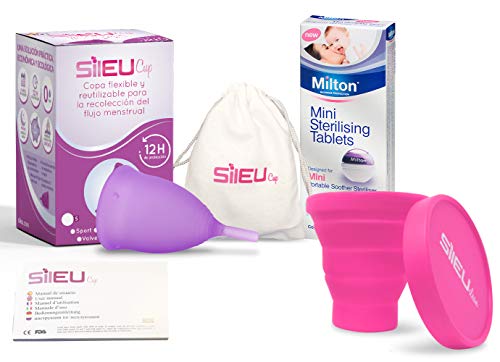 Copa Menstrual Sileu Cup Tulip - Alternativa ecológica y natural a tampones y compresas - Talla S Morado + Esterilizador Plegable al azar + 50 Pastillas Esterilizadoras Mini Milton