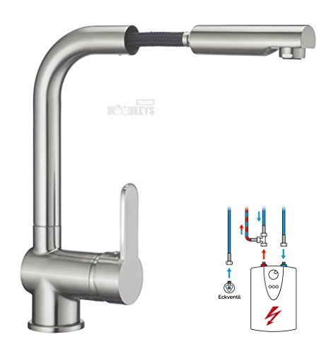 Niederdruck Spültisch Armatur in Edelstahloptik Wasserhahn Küche mit Brause mit hohem Rundbogenauslauf inkl. Befestigungsmaterial und Montageanleitung - 2