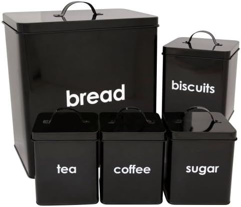 5 Piece Kitchen Jars Storage Cannisters Bread Bin Tea Coffee Sugar &amp; Biscuit Set (Black)