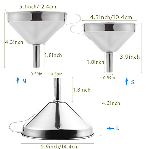 Edelstahl-Trichter, PEMOTech 3 Perfekte Größen von Großen bis zu Kleinen Trichtern, ausgerüstet mit Griff und zwei Stück Abnehmbares Sieb/Filter fürs Kochen, Essentielle Öle, Flaschenfüllung, Übertragen von Liquidem, Flüssigkeit, trockene Zutaten & Pulver, Weinherstellung, Silber. - 4