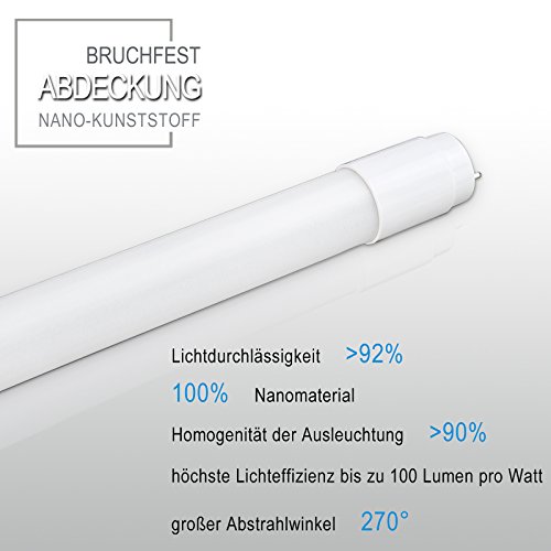 2er Pack OUBO LED Leuchtstofflampe 60CM Leuchtstoffröhre T8 Tube 9 Watt, Warmweiß 3000K, 990LM, Abstrahlwinkel 270°, Nanoröhren, inkl. LED Starter - 5