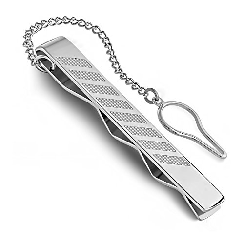 Stainless Steel Diagonal Bar Necktie Mens Tie Clip with Chain