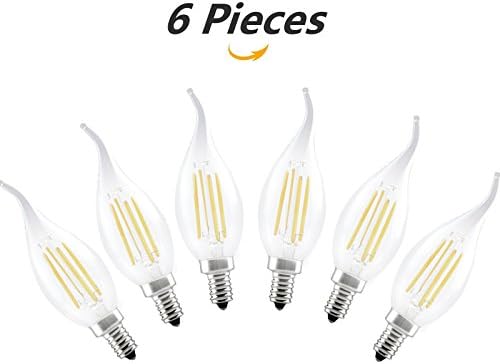 LED Filament Candelabra Light Bulb, Clear Glass, E14 4Watt, 220V Non-Dimmable, 6000K Cool White, Replacement for 40 Watt Incandescent Bulb, SES Retrofit Classic Candle Light Bulbs, Pack of 6 Units