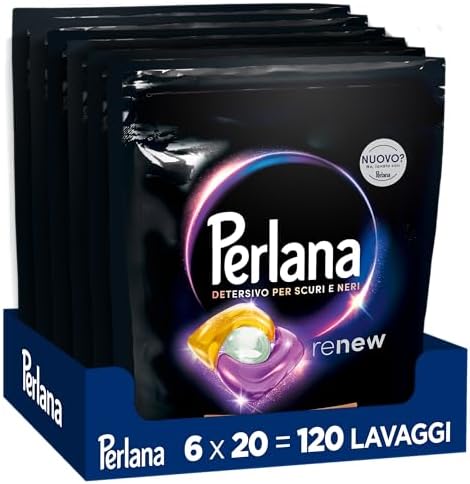 Perlana Detersivo Caps per Scuri e Neri (6 confezioni da 20 Caps), Detersivo lavatrice in capsule per tutti i capi scuri, Detersivo capi neri per pulizia delicata e fibre rinnovate