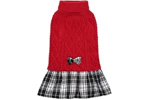 KUTKUT Acrylic Plaid Sweater Dress with Bowtie for Small Dogs (Red, S# (Adjustable Chest: 32cm - 40cm)), 1 Count