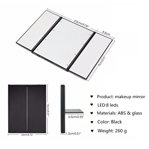 Kosmetikspiegel mit LED beleuchtung ,Charminer super helle 8 LEDs 3 Seite Tri-Fold Schminkspiegel, batteriebetrieben(Batterie nicht enthalten) Beleuchtet Makeup Spiegel,Badspiegel Ohne vergrößerung Reisespiegel Faltbare Beleuchtet Standspiegel - 2