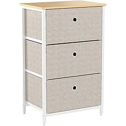 Suhu Commode Petite Salle de Bain Meuble de Rangement avec 3 Tiroir Table de Chevet Table de Nuit Metallique pour Salon Cuisine Bureau Armoire Chambre Tissus Pieds Réglables Bois+Acier Blanche+Beige