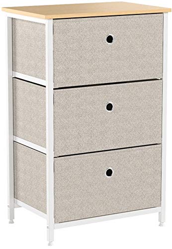Suhu Commode Petite Salle de Bain Meuble de Rangement avec 3 Tiroir Table de Chevet Table de Nuit Metallique pour Salon Cuisine Bureau Armoire Chambre Tissus Pieds Réglables Bois+Acier Blanche+Beige