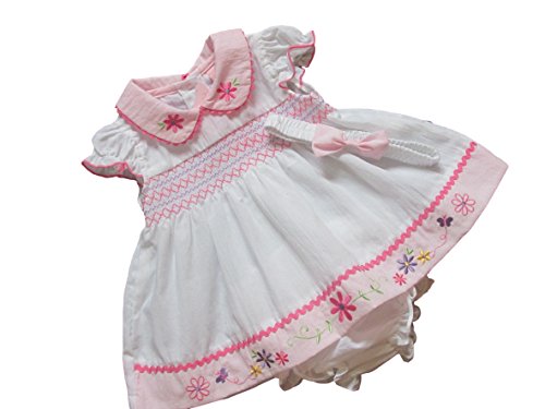 Girls White Smocked Embroidered Flower Dress Knickers Headband Set (3/6 months)