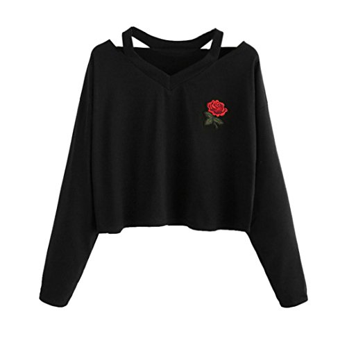 K-youth Mujer Sudaderas Cortas 2017 Otoño Invierno Ropa Moda Roses Bordado Manga Larga Blusa Tops (Negro, M)