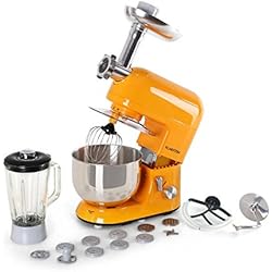 Klarstein Lucia Orangina - Robot de cuisine universel, Mélangeur, Pétrin, 1200 W, 5 L, agitation planétaire, Hachoir à viande, Accessoires pâtes, bol mixeur 1,5 l, 6 vitesses, orange