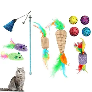 Cature 6 in 1 pcs Cat Toy Assorted Set Modern Interactive Cat Feather Toy Teaser Stick with Bell,2 Feather Fluffy Mouse,4 Cat Disco Ball, Feather Rolling Toy,Indoor Cats Kitten Toys(Pack 1)