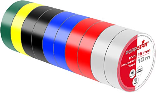 Poppstar - 10x 10m Bande isolante (ruban d'étanchéité PVC - ruban adhésif), pour l'isolation - réparation de conducteurs électriques, (18mm de large), multicolore