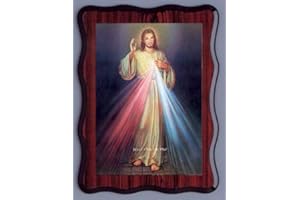 Cross My Heart Divine Mercy Picture on Dark Wood Polished Wall Hanging 32cm 24cm