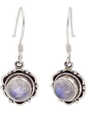 Luna Azure Sterling Silber Natürlich Mondstein Rund Retro Vintage Haken Einhänger Ohrstecker Ohrringe