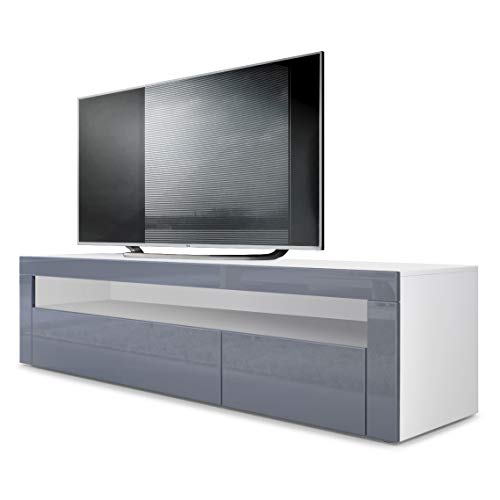 Vladon Meuble TV Bas Valencia, Corps en Blanc Mat/Façades en Gris Haute Brillance avec Une Bordure en Gris Haute Brillance