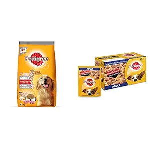 Pedigree Adult Dry Dog Food, (High Protein Variant) Chicken, Egg & Rice, 3kg Pack & Pedigree Adult Wet Dog Food, Chicken & Liver Chunks in Gravy, 70 g (Pack of 15)