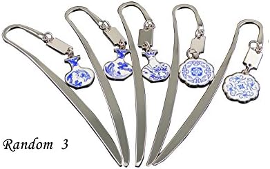 HorBous Chinese Vintage Imitation Blue and white Porcelain Pendants Metal Bookmark with Hook (Set of 2 or 3 or 5) (3)