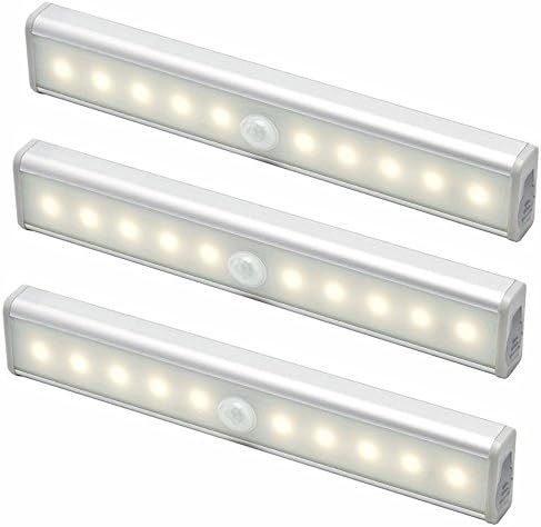WYBAN 10 LEDs PIR Motion Sensor Wardrobe Warmwhite Light Wireless/Battery Powered,With Stick-on Magnetic Strip and 3M adhesive perfect for Drawer/Cabinet/Washroom/Stair (3 Packs)