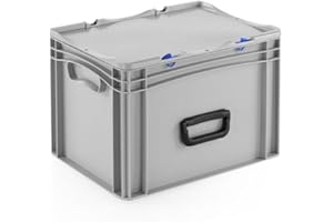 DIE BOX FABRIK Robuster Eurobehälter mit Tragegriff & Scharnierdeckel | Stapelbarer Kunststoffkoffer für Lager & Transport | Aufbewahrungsbox für Werkzeuge, Logistik & Industrie (400x300x283 mm)