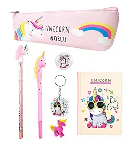 Jiada Unicorn Gift Pack of 7 in 1 for Girls - Pouch, Notebook, Gel Pen, Stacking Pencil, Eraser, Keychain and Badge - Assorted Designs