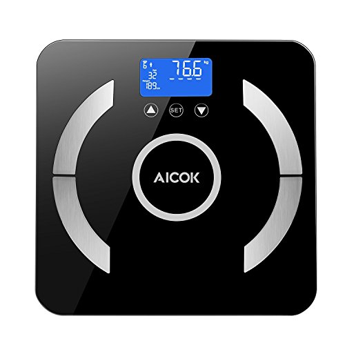 Aicok báscula digital, báscula grasa corporal, báscula precisión con plataforma de vidrio templado, 150KG/330Lb para medir el peso, la grasa corporal, agua corporal, masa muscular y hueso, negro
