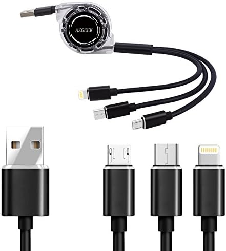 AZGEEK 3 in 1 Retractable USB Charging Cable 1M Connector Adapter with Micro USB / Type C (USB C) / 8 Pin Lightning Multi Charge Cable for iPhone , Nexus 6P, Huawei, Samsung and Android Smart Phone, Kindle, Car Charger