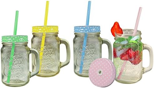 Jocca Polka Dots Glass Jar Cups with Straw Set, Transparent/Pink/Green/Yellow/Blue, 4-Piece