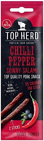 TOP HERD 'SKINNY SALAMI' - CHILLI PEPPER - 40G X 15 PACKS | EXCITING BOLD FLAVOURS | 100% NATURAL | HIGH PROTEIN | HEALTHY SNACKS | LOW FAT | LOW CARB DIET | GLUTEN FREE | DAIRY FREE | LACTOSE FREE | FREE RANGE | PREMIUM PORK | FREE FROM | HIGH PROTEIN DIET | GREAT VALUE (Chilli Pepper, 40g x 15 Packs)