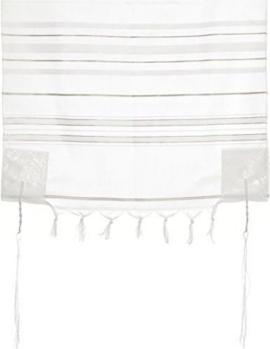 Acrylic Tallit Prayer Shawl with Tzitzit, White and Silver Stripes, 170 x 60 centimetres