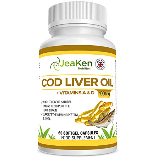 OLIO DI FEGATO DI MERLUZZO 1000 mg di CAPSULE - Di JeaKen - Fonte naturale Omega 3 - Vitamine A, D - Supporta salute immunitaria e la salute delle ossa - FATTO NEL REGNO UNITO
