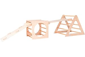 MAMI SRL Percorso Montessori, Triangolo Cubo Dondolo Scivolo con Arrampicata, Giochi Educativi in Legno Naturale (Jeeg Robot)