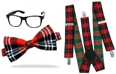 Ladies Mens Girls Nerd geek RED TARTAN fancy dress costume glasses tie and braces 80's dweeb school
