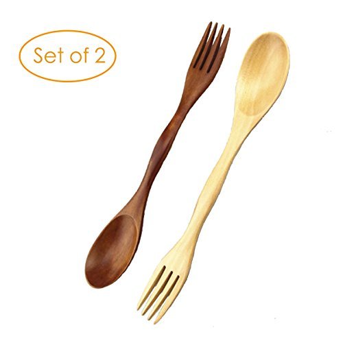 X cool 2 in 1 Natur Holz Löffel und Gabel 21cm für Reisen im Freien (2er Set)