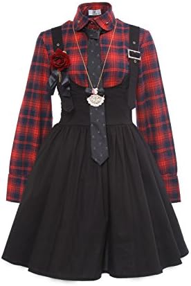 Nuoqi Women's School Uniform Classic Basic Red Plaid Long Sleeve Shirt with Black Lolita Suspender Skirt Costumes
