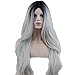 Eseewigs Synthetic Long Wave Ombre Wig Two Tones Black Rooted Grey Heat Resistant Cheap Middle Part Wig 130% High Density for Women