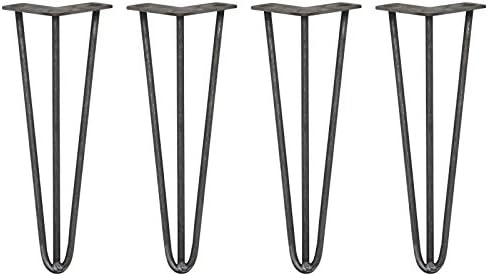 4 x Hairpin Legs/Hair Pin Legs Set SkiSki Legs Furniture Desk Bench Chair Table 14" 3 Prong 10mm Raw Steel & Protector Feet