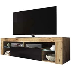 Selsey Hugo Meuble bas de TV avec rangements, casier à porte rabattable et éclairage LED Aspect bois
