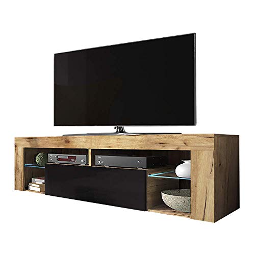 Selsey Hugo Meuble bas de TV avec rangements, casier à porte rabattable et éclairage LED Aspect bois