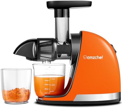 AMZCHEF Estrattore Frutta e Verdura - Estrattore Di Succo A Freddo - Masticazione Delicata Non C'è Bisogno Di Filtrare - Estrattore Di Succo Senza BPA con Due Tazze e Pennello -Arancione