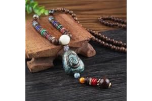 HXSCOO Vintage Népal Long Bouddhiste Mala Bois Perlé Pendentif & Collier Ethnique Bohème Boho Bouddha Lucky Jewelry for Femme Homme