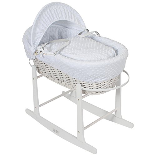 Luxury British Made White Wicker Moses Basket With White Dimple Covers And Rocking Stand